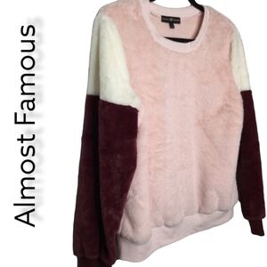 ALMOST FAMOUS Fuzzy Pink, White, Burgundy Color Block Sweatshirt | Size: Large